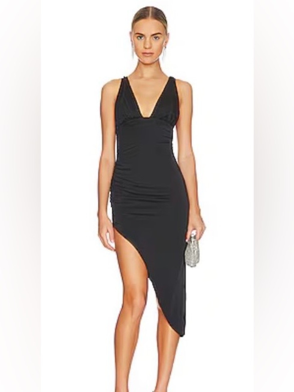 Lover and friends Amelie midi dress  Asymmetrical V-Neck Bodycon Dress-NWT black